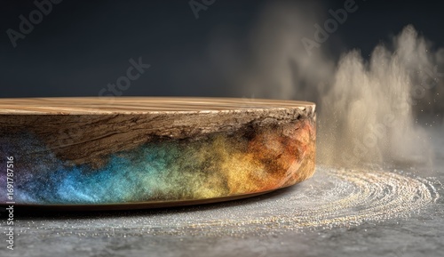 Wooden podium with resin inlay, surrounded by dust and glitter