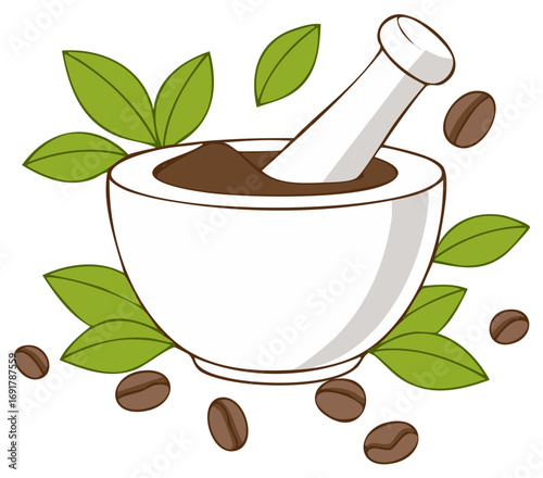 Mortar and Pestle with Coffee Beans and Green Leaves, Grinding Ingredients