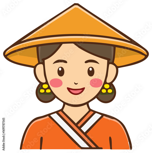 Asian woman wearing conical hat and traditional orange dress with earrings smiling