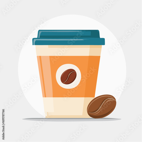 Vibrant illustration of a disposable coffee cup with a lid and a roasted coffee bean, ideal for morning drink concepts, cafe branding, or a quick energy boost