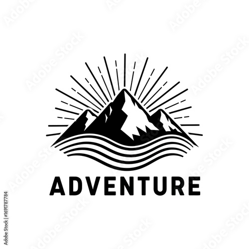 A stylized black and white logo featuring mountain peaks, radiating lines, and the word "ADVENTURE".