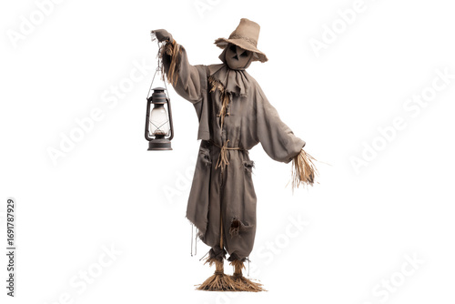 A Halloween scarecrow holding a lantern in one hand, isolated on a transparent background.