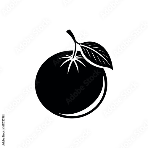Sleek Black and White Silhouette of an Orange Fruit with Leaf Detail