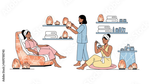 Three diverse women practicing yoga and meditation in a bright airy room with plants and decorative shelves promoting wellness and inner peace