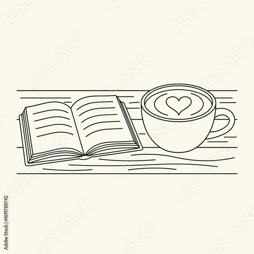 Illustrator Artwork Cappuccino with book on wooden table