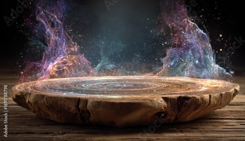 Wooden slice platform with cosmic nebula