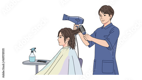 Two scenes depicting beauty salon services with hairdressers styling hair and makeup artists applying cosmetics to clients in a professional setting