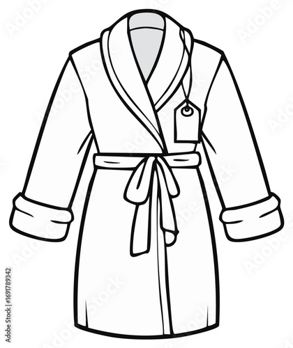 Stylized drawing of a plush terry cloth bathrobe with a belted waist and hanging tag