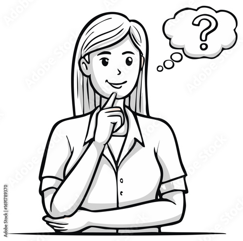 Thoughtful woman pondering a question with a question mark thought bubble, black and white vector illustration