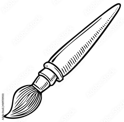 Vintage style black and white line art illustration of an artist's paintbrush tool for creativity and painting