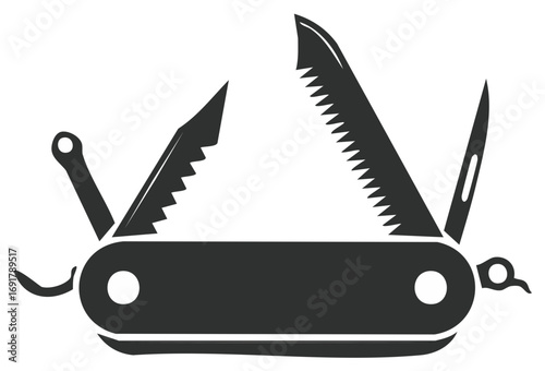 Multitool pocket knife with saw and awl open and ready for use