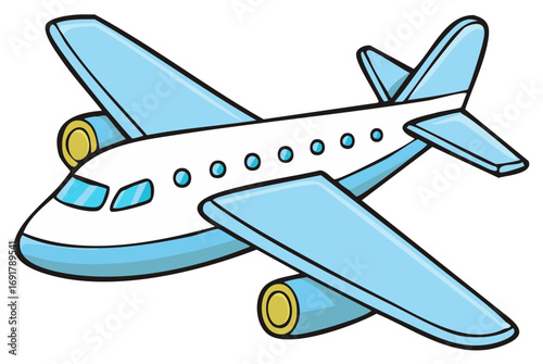 Illustration of a blue and white passenger airplane with golden engine details
