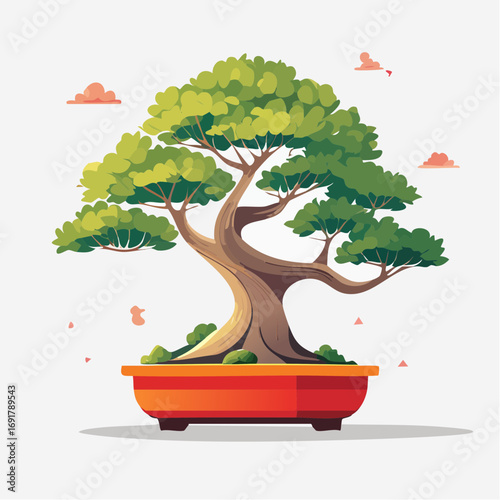 A detailed illustration of a traditional Japanese bonsai tree with lush green leaves and a sturdy trunk, set in a vibrant red pot against a soft, cloudy sky
