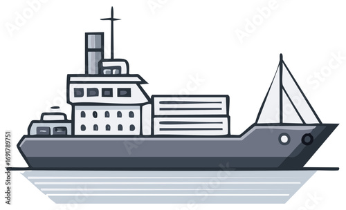 Stylized Illustration of a Cargo Ship with Containers and a Sail