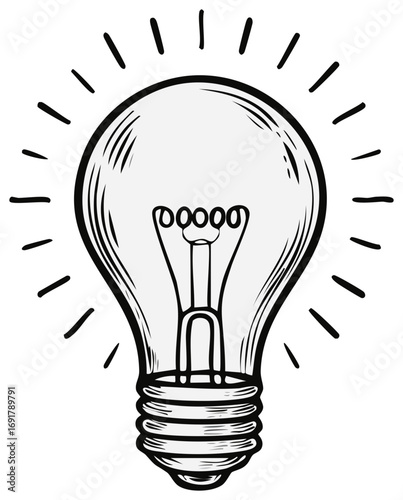 Sketchy illustration of a lit incandescent light bulb with radiating lines symbolizing ideas
