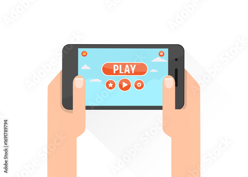 Person playing games on smartphone. Human hands holding phone with video games. stock illustration