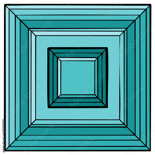 Abstract geometric pattern with concentric squares in shades of blue and teal