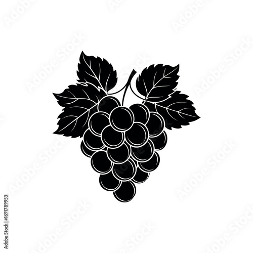 Elegant Black and White Grape Clipart with Detailed Leaves Illustration