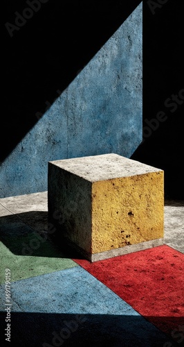 Geometric, textured cube on a multi-colored, shadowed surface