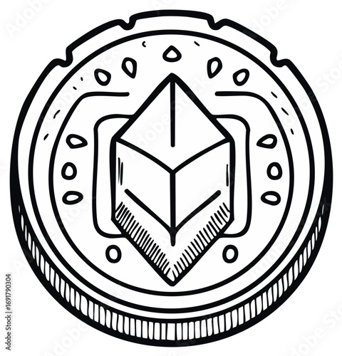 Vector Coin Illustration Featuring Abstract Block Center, Hand Drawn Symbol for Crypto Currency, Digital Wallets, or Blockchain Design