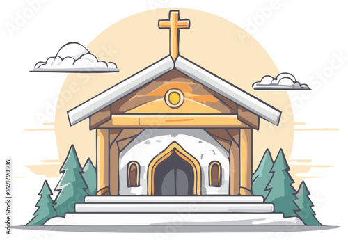 Cartoon church building with cross on the roof, fir trees, and clouds