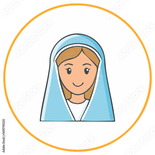 Cartoon Portrait of Saint Mary in Blue Veil and White Dress