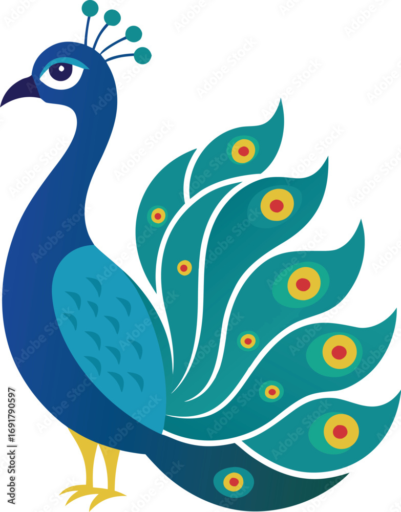 Fototapeta premium Vector illustration of a peacock with luxurious tail feathers