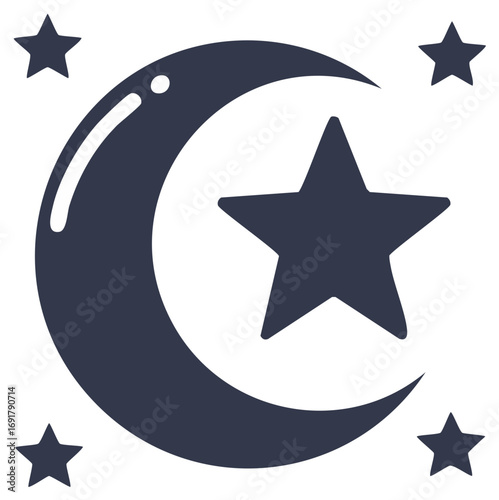 Simple crescent moon with star design, icon-style graphic with stars in the night sky, night sky concept