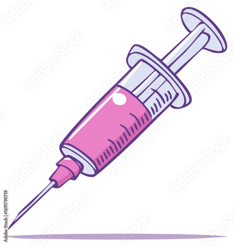 Cartoon medical syringe filled with pink liquid for injection and healthcare needs illustration