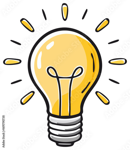 Bright yellow hand drawn lightbulb illustration radiating an innovative new idea concept