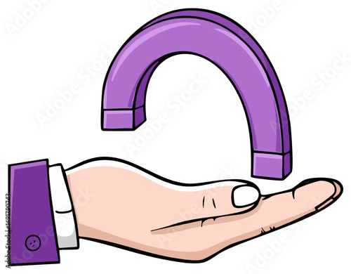 Cartoon hand holding a purple horseshoe magnet attracting attention