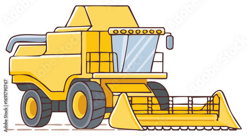 Cartoon illustration of a yellow combine harvester agricultural machine.