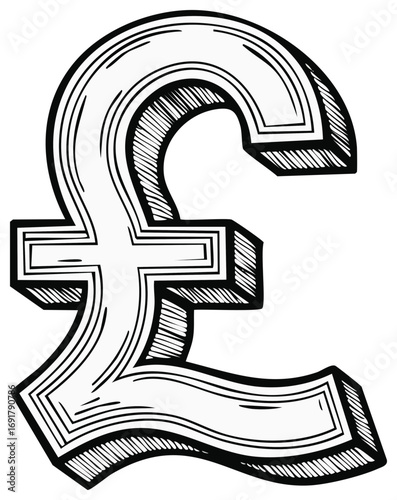 Hand-drawn pound sterling symbol in black and white with a 3D perspective.