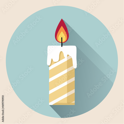 Modern flat design icon depicting a lit candle with melting wax and a long shadow. This vibrant graphic represents warmth, celebration, and a serene atmosphere