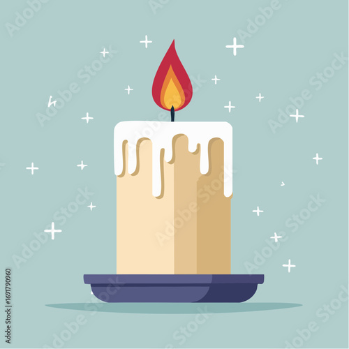 A simple illustration of a burning candle on a saucer with subtle festive sparkles in the background