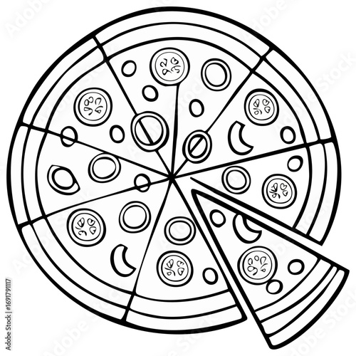 Line Art: Pizza pie illustration with sliced pieces and toppings such as zucchini and onions.