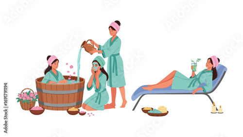 Two women in bathrobes preparing for a spa day at home with one applying makeup and the other holding a tray of beauty products