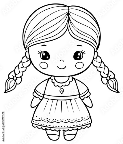 Cute Smiling Cartoon Girl Coloring Page with Braided Pigtails