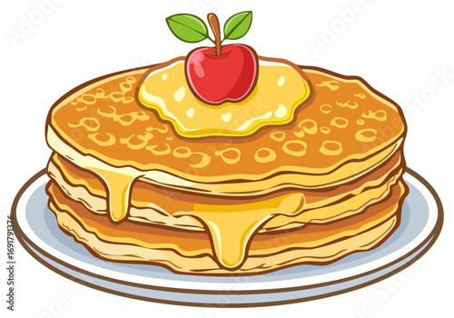 Stack of Pancakes Drizzled with Syrup and a Red Apple on Top of a Plate Breakfast