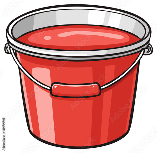 Red Bucket Filled With Liquid Container for Cleaning or Painting Jobs in Bright Cartoon Style