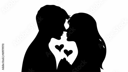 Silhouette of a couple facing each other with hearts floating between them in a black and white drawing