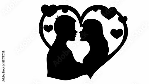 Silhouette of a couple facing each other inside a heart frame decorated with smaller hearts design art