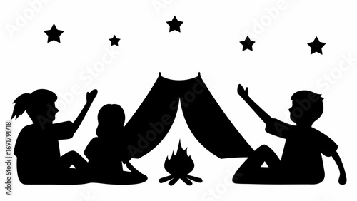 Silhouette of children camping with a tent and campfire under a starry sky, enjoying the outdoors together