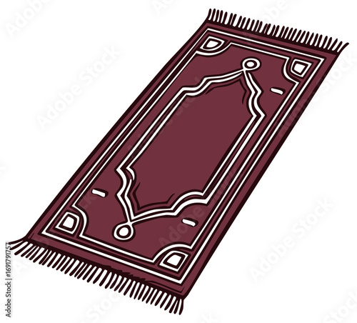 Burgundy Prayer Rug with White Ornament, Muslim Culture Symbol, Islamic Religion and Traditions