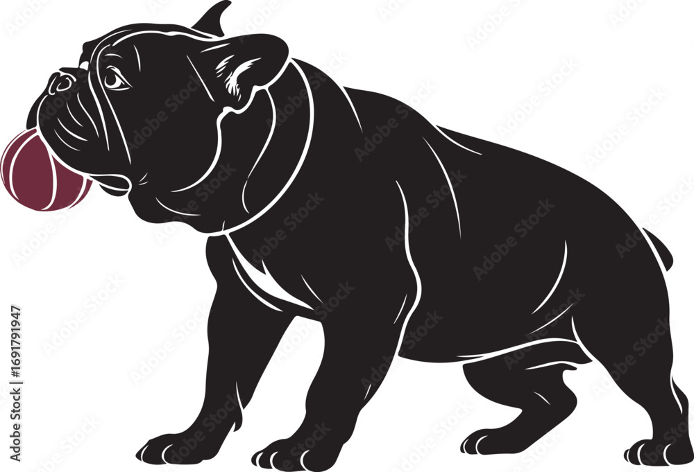 Fototapeta premium Black and white illustration of a bulldog holding a burgundy ball in its mouth animal