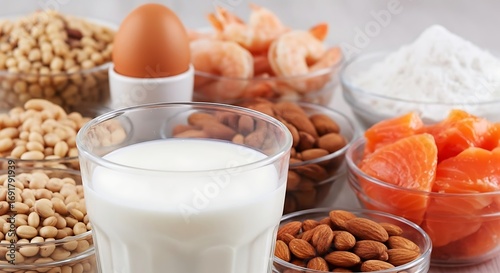 Common food allergens including milk eggs soy shrimp nuts and wheat