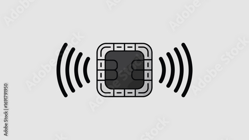 A graphic illustration of a sim card with a black chip surrounded by wifi signal waves on a gray background