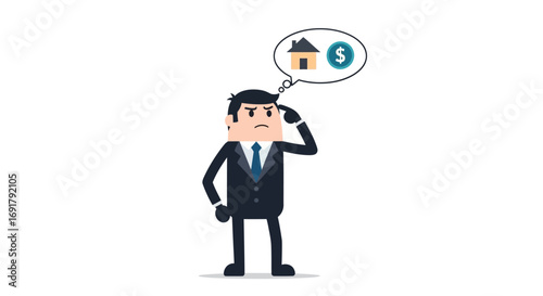 Cartoon Businessman Contemplating Home Purchase and Finances