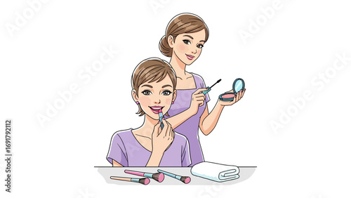 Skilled beauty professionals in uniform demonstrate skincare treatments and product application to a relaxed client wrapped in a towel and hair turban