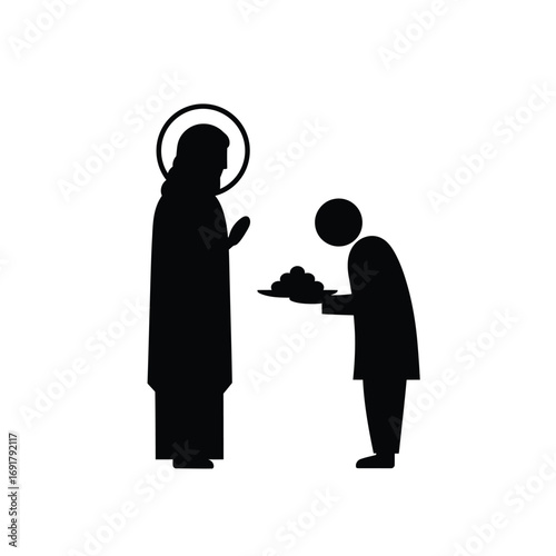 Person offering food to divine figure black white